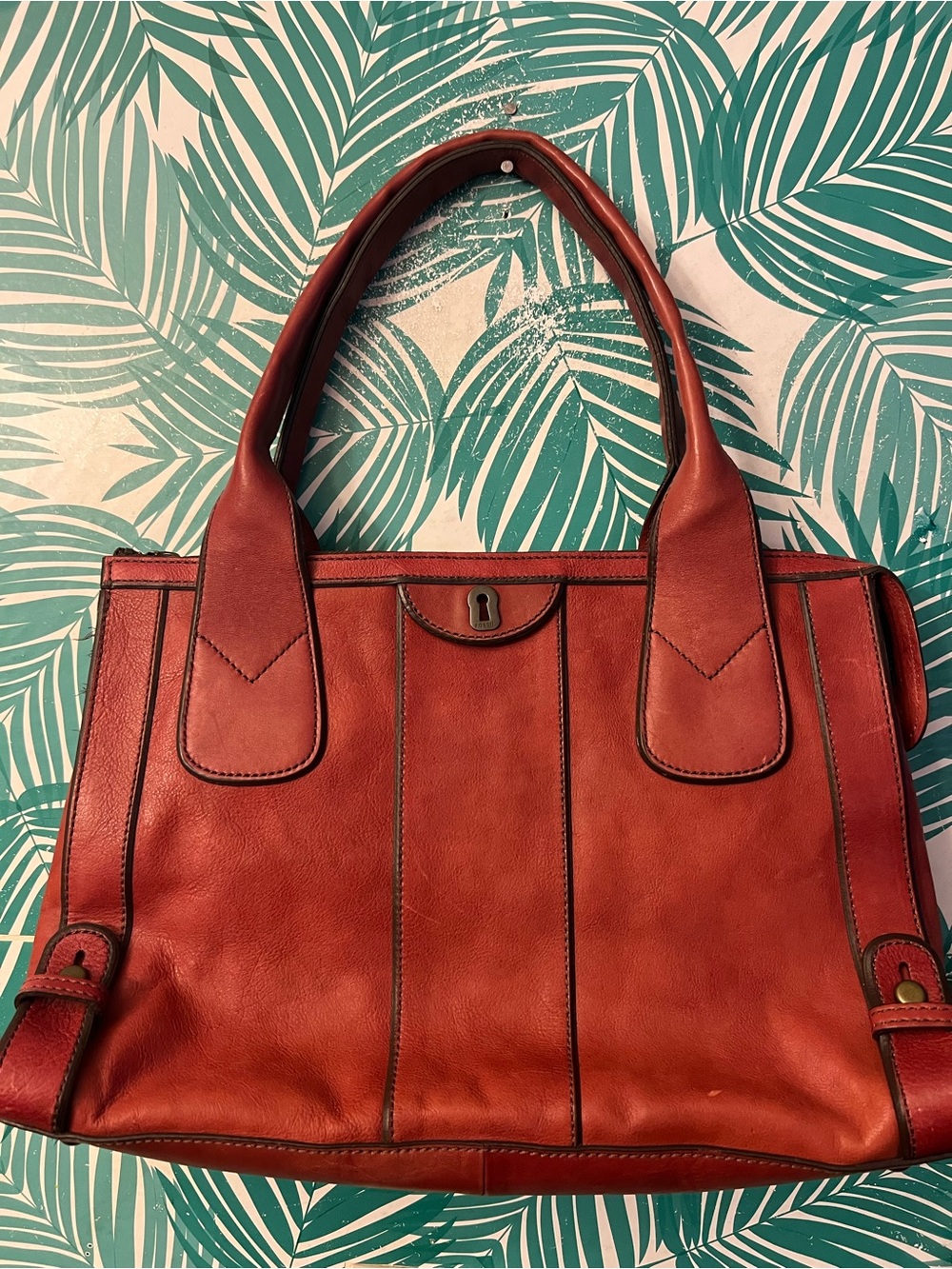 Vintage Fossil Reissue Satchel Classic Redish Leather Tote Handbag Guc